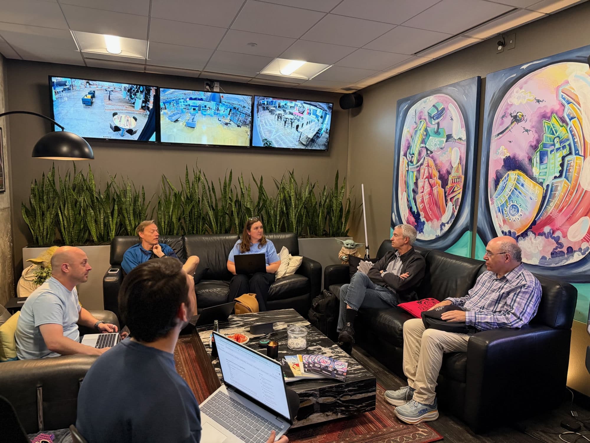 A working session in the mission-control lounge